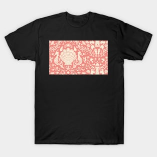 coral summer beach damask pattern with seashells T-Shirt